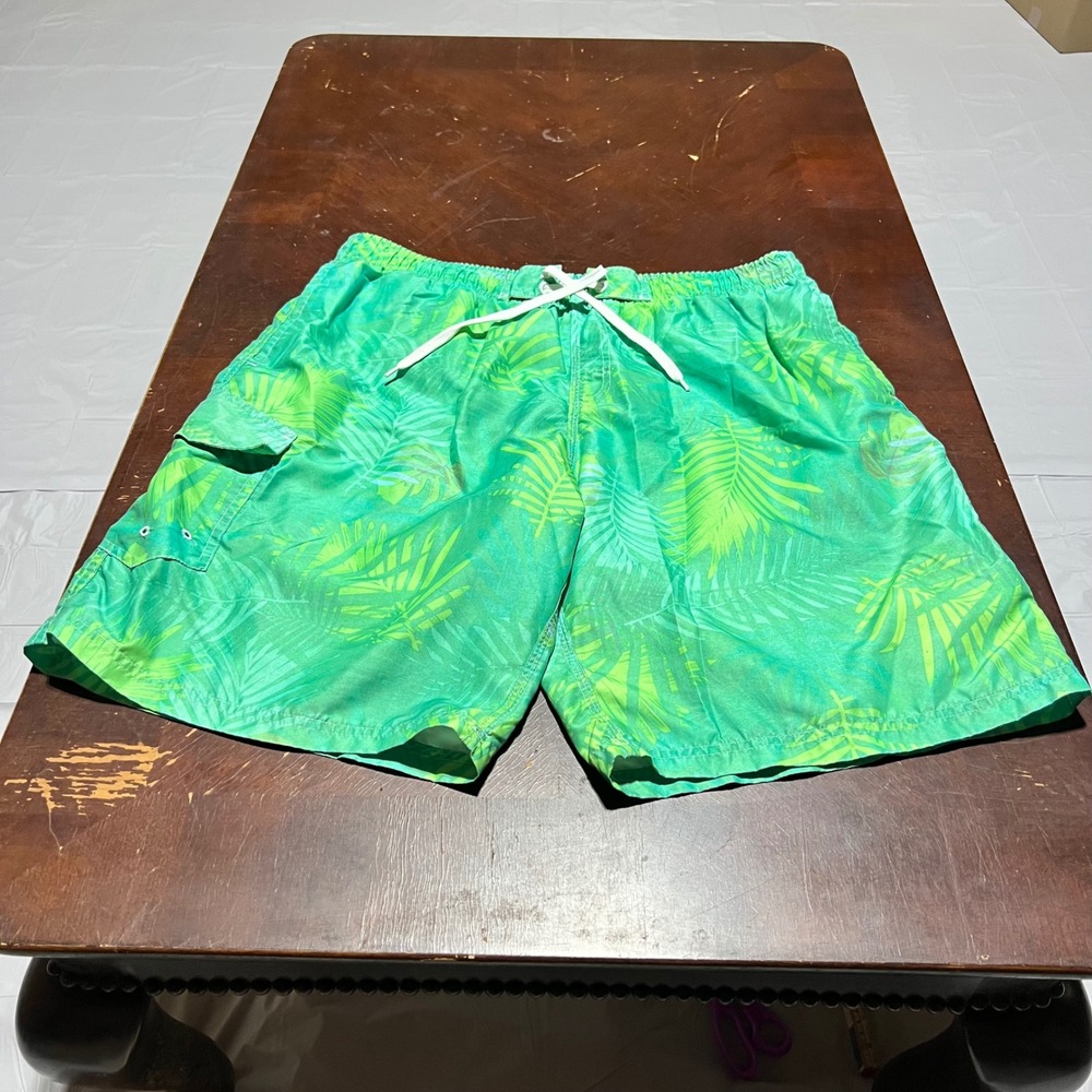 RS Surf Mens Green Tropical Palm Leaf Mesh Lined Cargo Swim Trunks Large